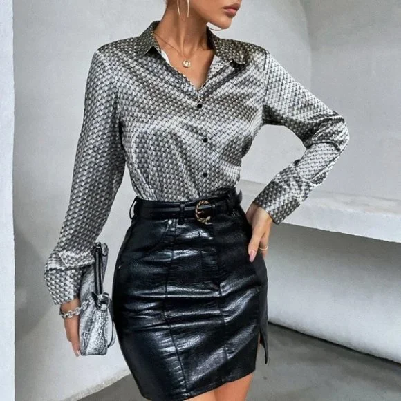 Multicolor Preppy Womens Satin button down Shirt - Picture 4 of 5